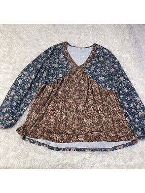 Lime n Chili size M Blue Brown Floral Print Loose Fitting Long Sleeve Top